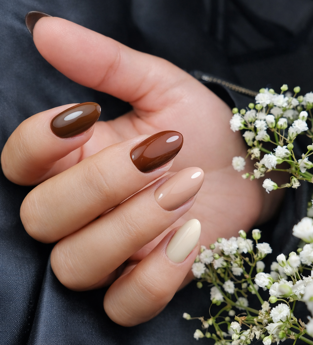 Glossy chocolate brown and cream Russian manicure with white gypsophila