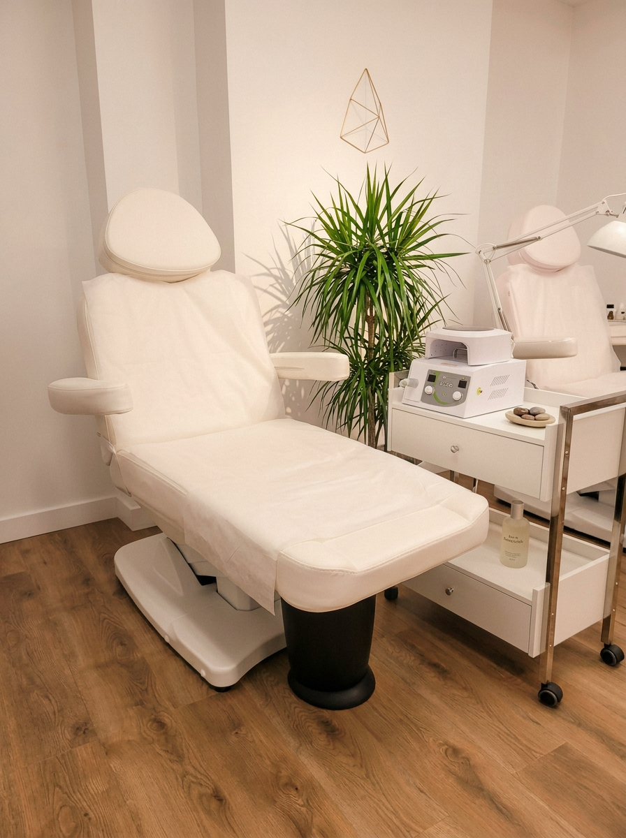 Private pedicure station with a fresh white treatment bed and dracaena plant