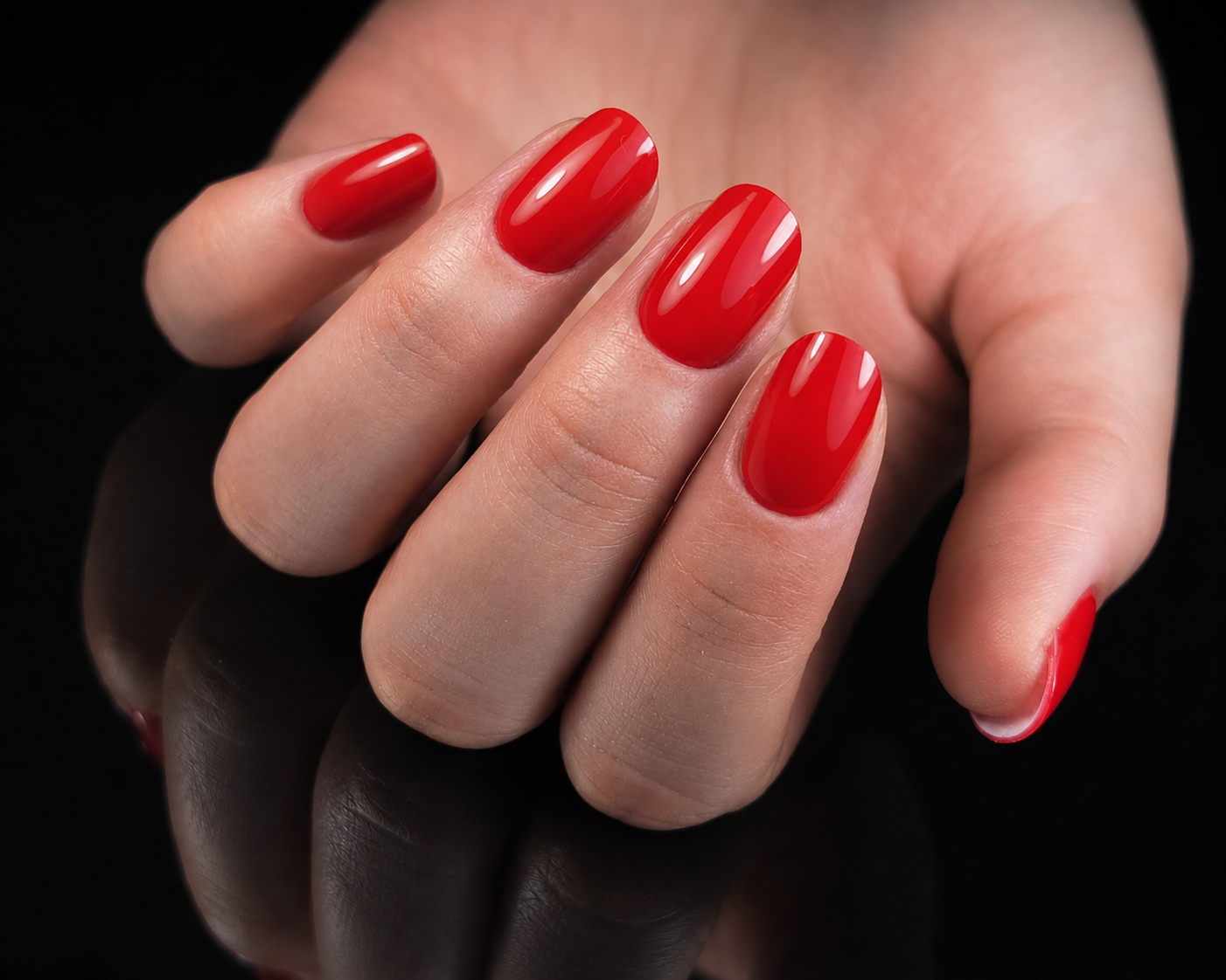 Classic glossy red Russian manicure on a black background