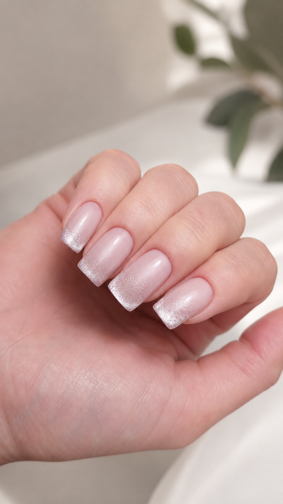 Nude nails with soft silver glitter ombre tips