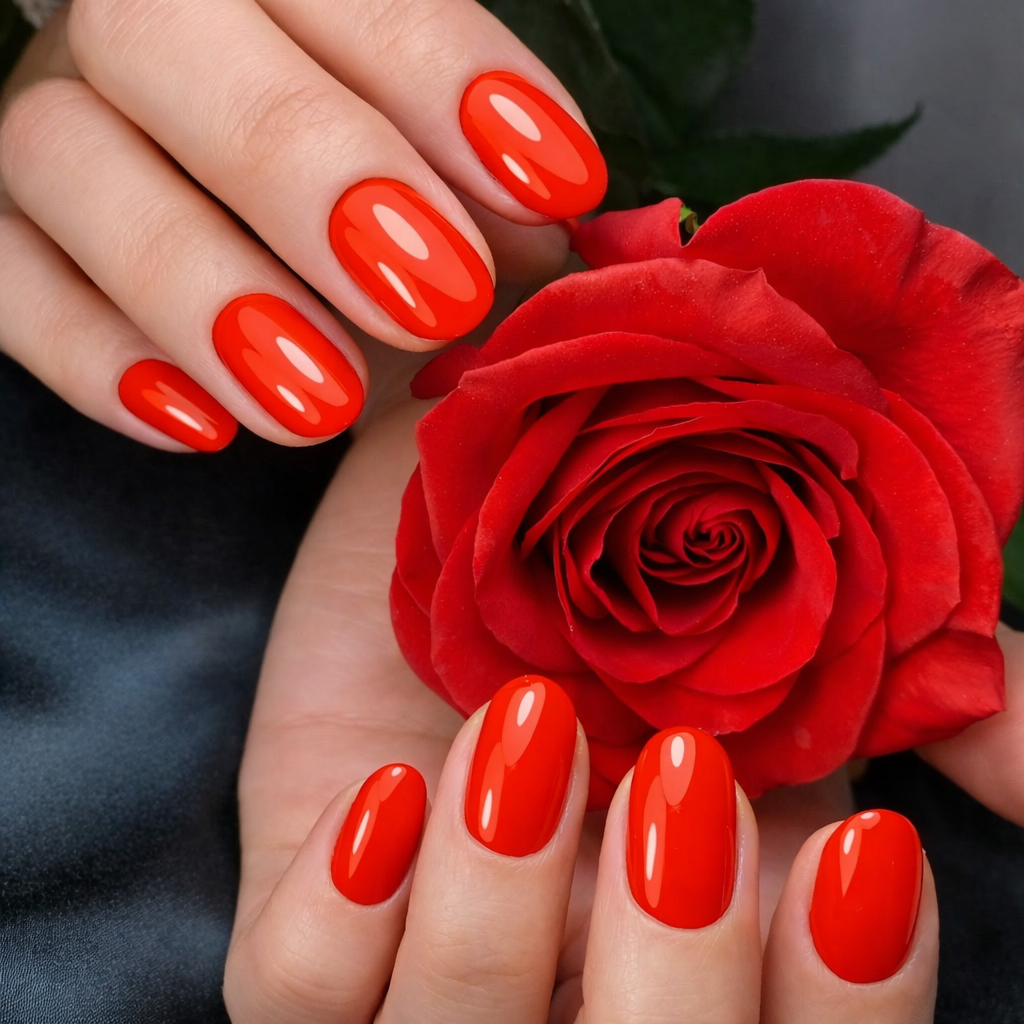Vivid red manicure styled with a red rose